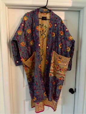 One-of-a-Kind Phulkari Embroidered Kimono Duster with Mirror-like Details